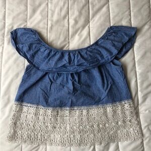 Lucky Brand Blue Off-Shoulder Blouse with White Lace